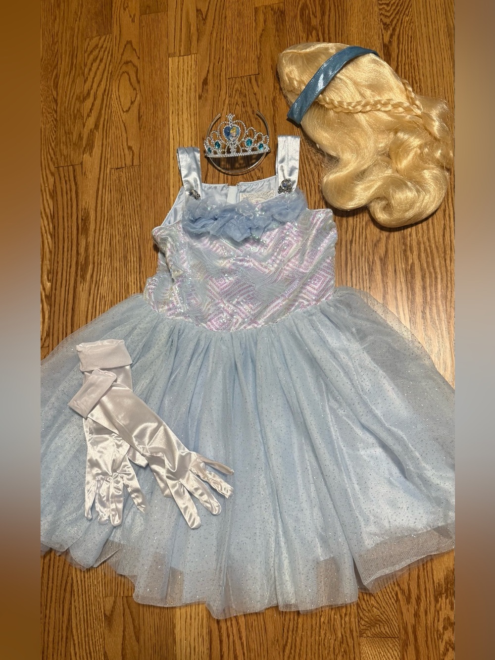 Girl’s Disney Light Blue Cinderella Dress  with Tiara, Gloves & Blonde Wig